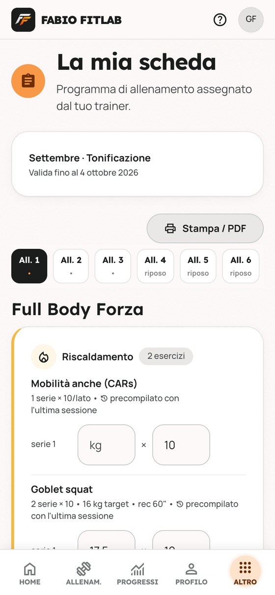 La scheda con i pesi già compilati